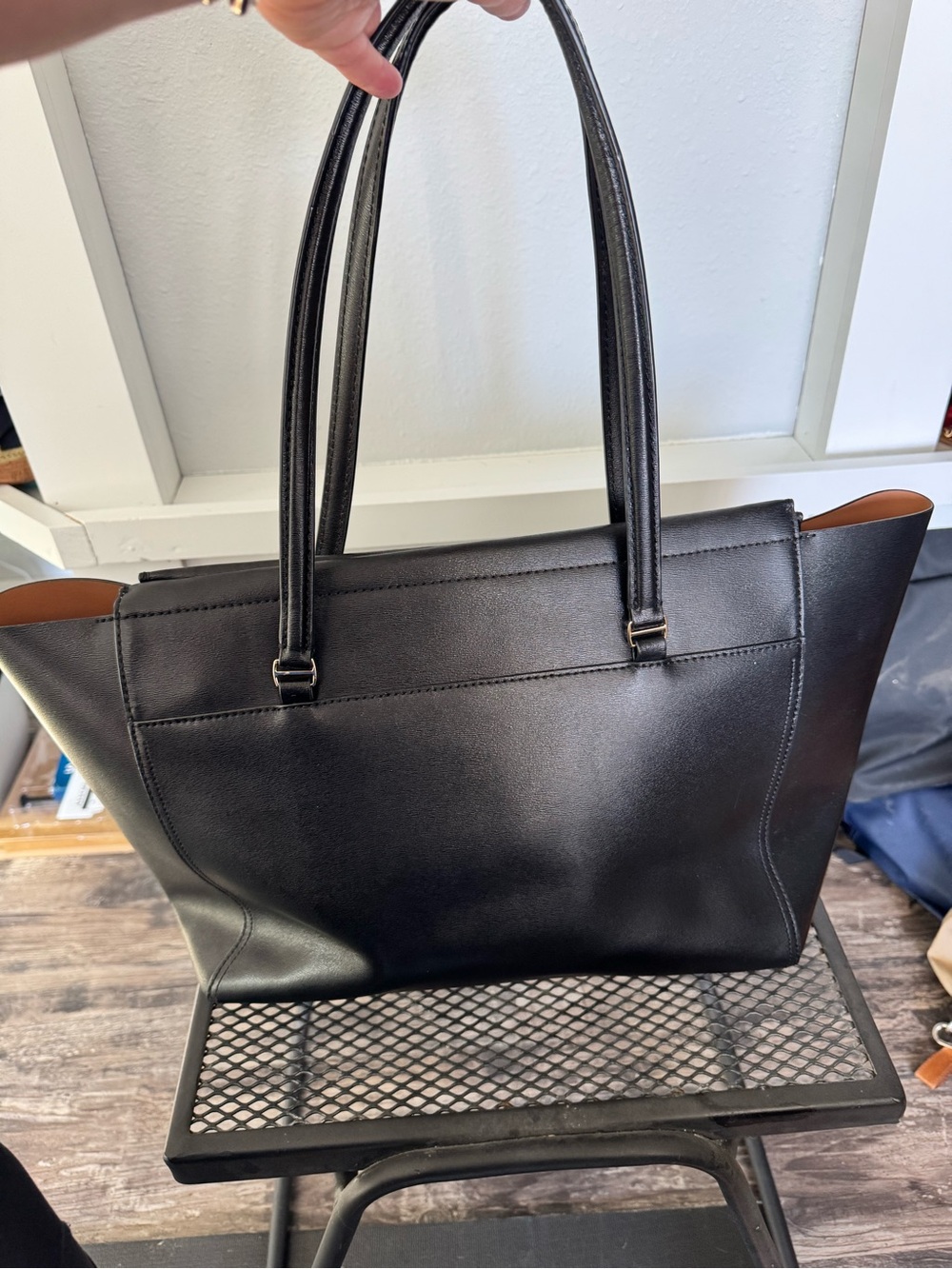 Tory Burch Black Leather Tote with Tan Interior Accents - Picture 2 of 4